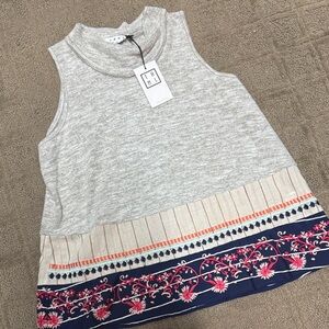 THML Heather Gray Sleeveless Knit Tank with Floral Embroidery Border
